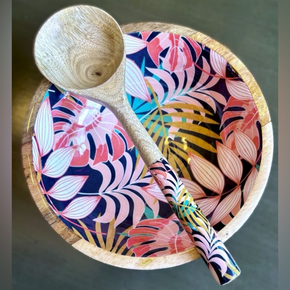 Colorful Tropical Leaves Artisanal Serving Mango Wood Bowl & Spoon Set New
